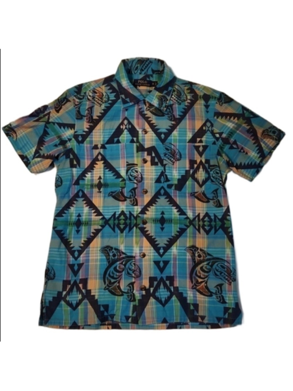 Polo Ralph Lauren Short Sleeve Blue Yellow Button Down Aztec Shirt (M Size S)
